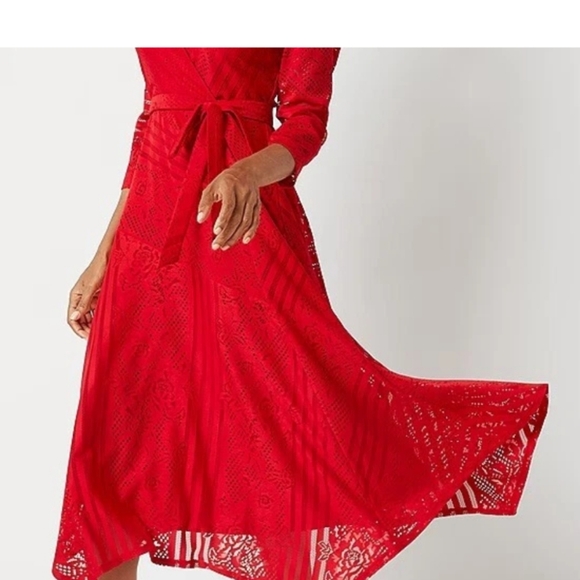 Danny & Nicole Ruby Red 3/4 Sleeve Dress Striped Floral Lace Midi Sz. 10 - Picture 3 of 16